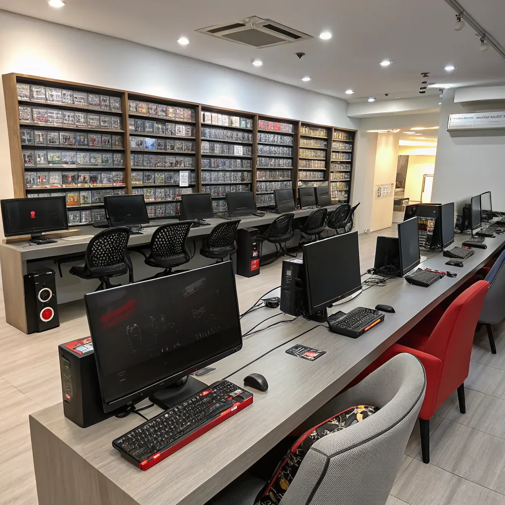 Herní zóna s počítači a konzolemi